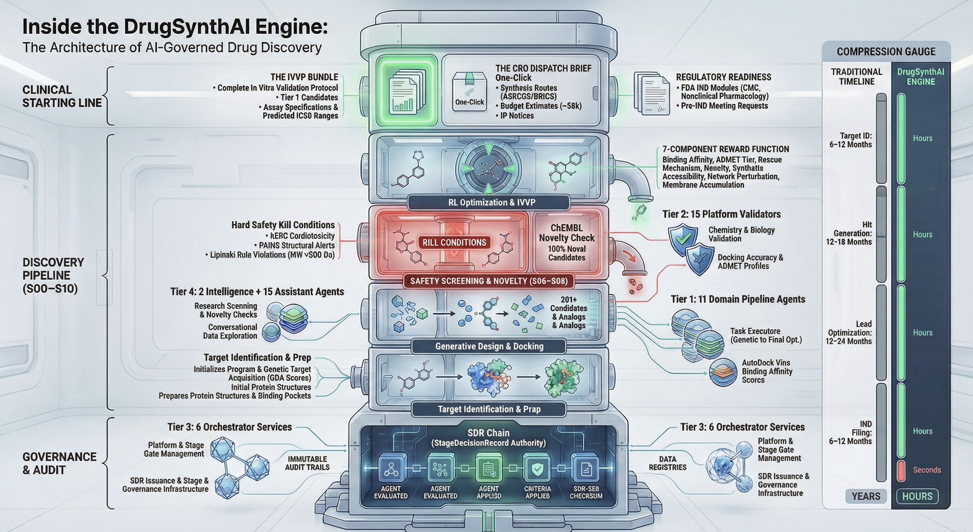 DrugSynthAI Engine Architecture — 4-tier AI agent system with S00-S10 pipeline stages, governance layer, and time compression gauge