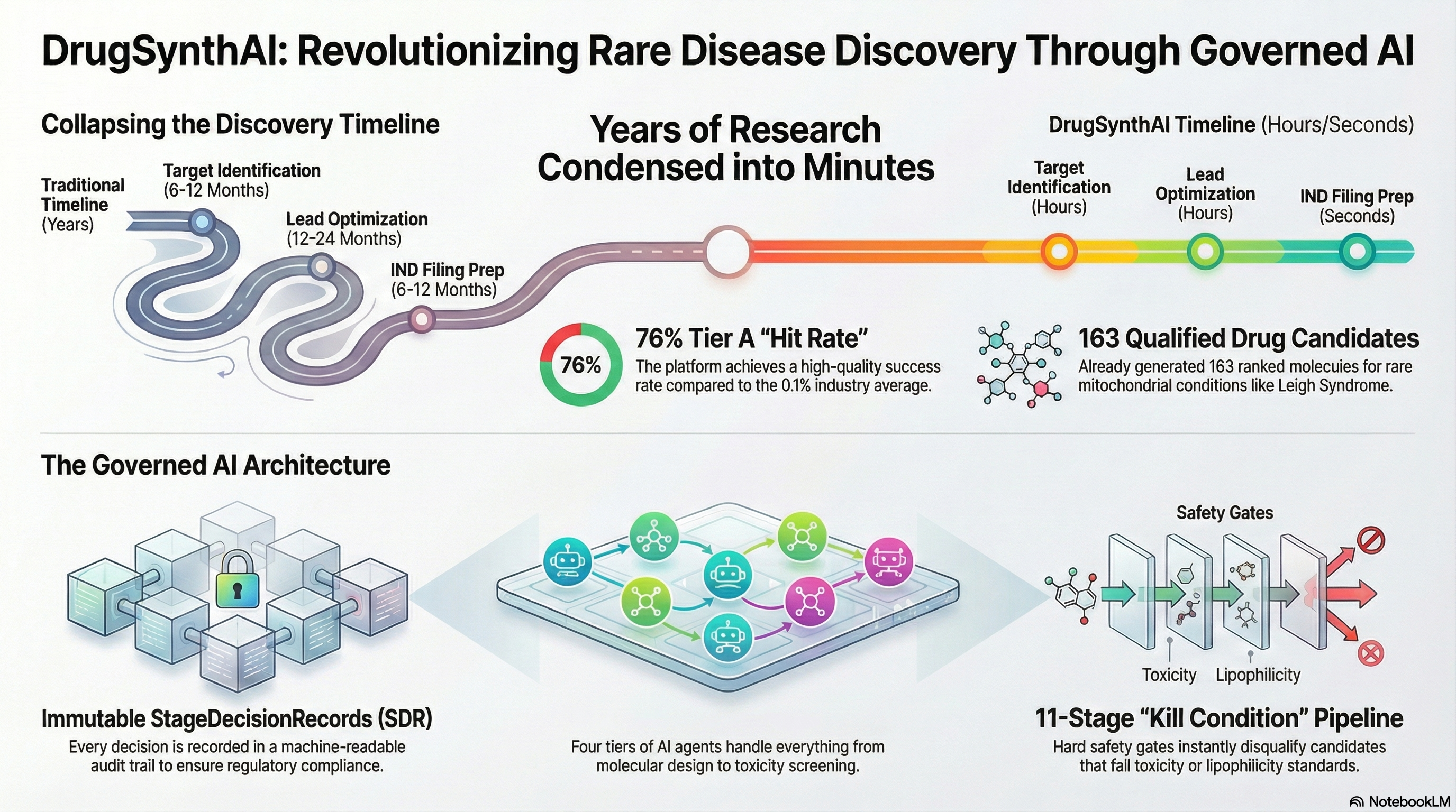 DrugSynthAI: Revolutionizing Rare Disease Discovery Through Governed AI. Top left shows traditional timeline collapsing from years to hours: target identification (6-12 months becomes hours), lead optimization (12-24 months becomes hours), IND filing prep (6-12 months becomes seconds). Center highlights 76 percent Tier A hit rate compared to 0.1 percent high-throughput screening industry average. Top right shows 163 qualified drug candidates already generated per campaign for rare mitochondrial conditions like Leigh Syndrome. Bottom section shows the Governed AI Architecture: immutable StageDecisionRecords with machine-readable audit trail for regulatory compliance, five tiers of AI agents handling everything from molecular design to toxicity screening to patient-specific therapeutics, and the 11-stage kill condition pipeline where hard safety gates instantly disqualify candidates that fail toxicity or lipophilicity standards.